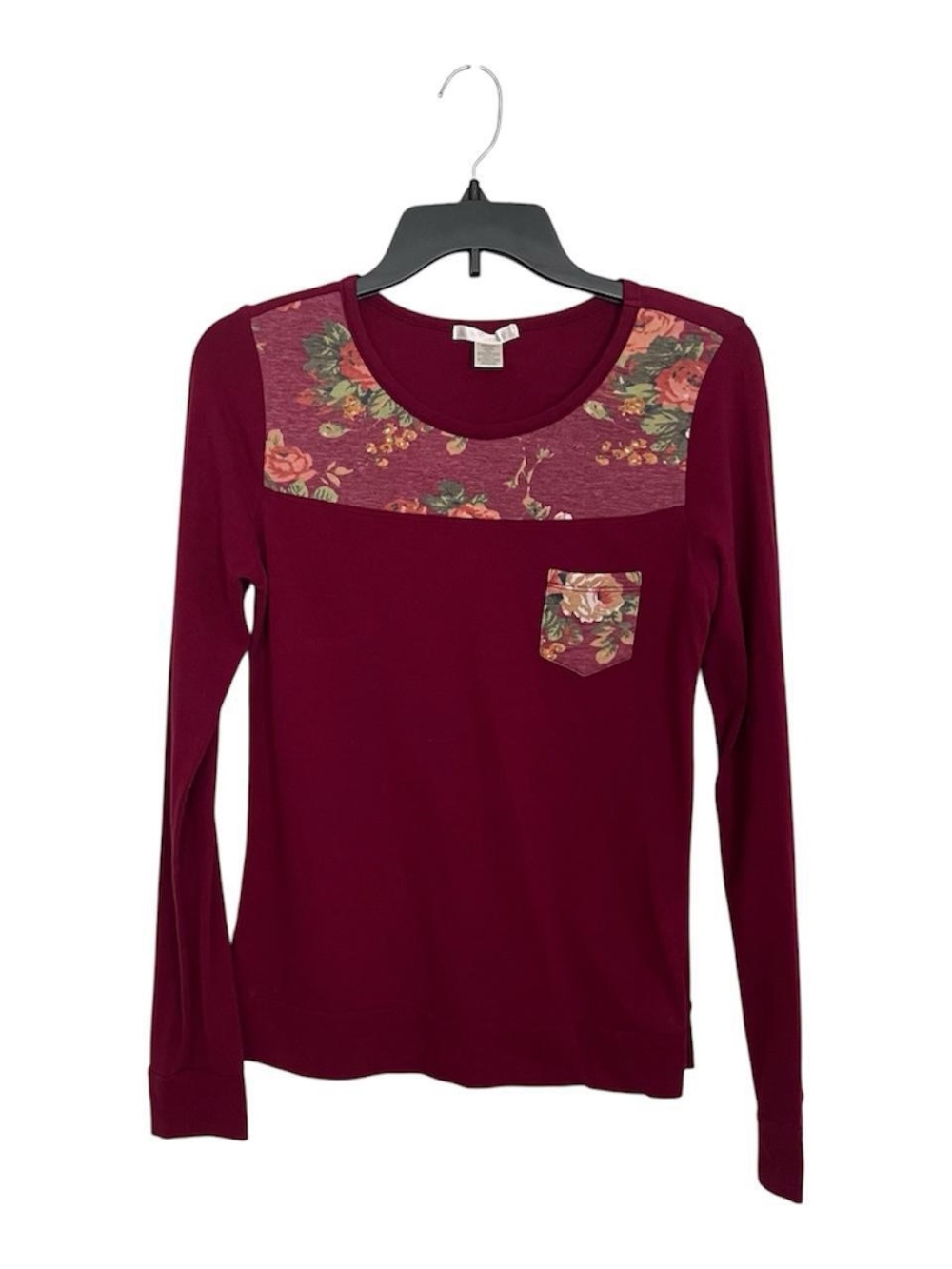 Bozzolo Burgundy Long Sleeve Top with Floral Yoke and Pocket